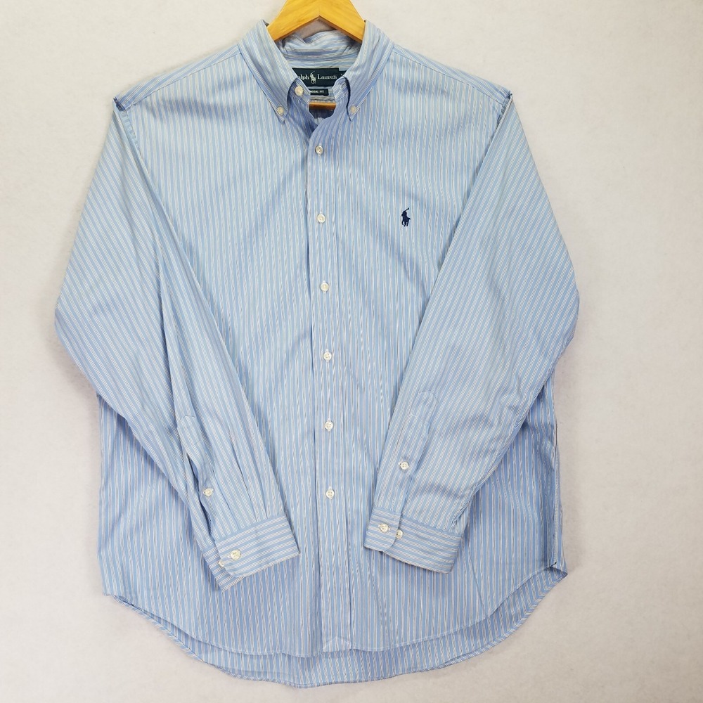 Vtg Ralph Lauren Classic Fit Shirt Men 17 34/35 Blue White Striped Button Down